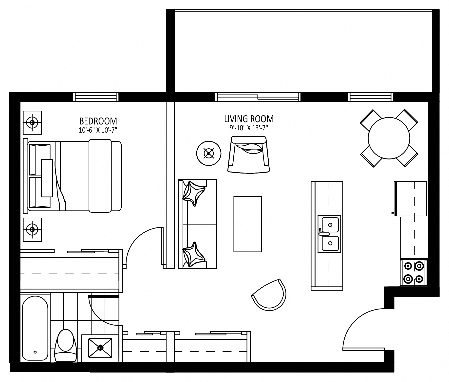 Floor plan for 1 bed, 1 bath, 625 sqft